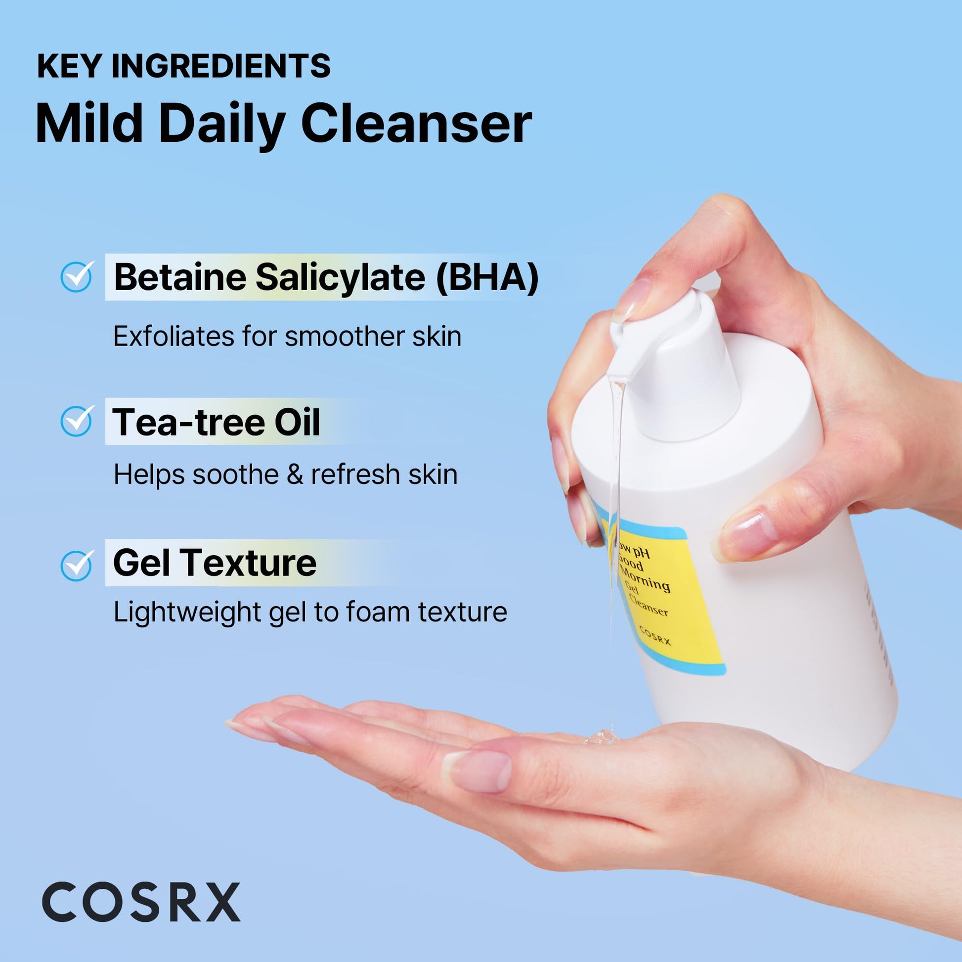 COSRX Low pH Good Morning Gel Cleanser, BHA Face & Body Wash, 13.52 fl oz