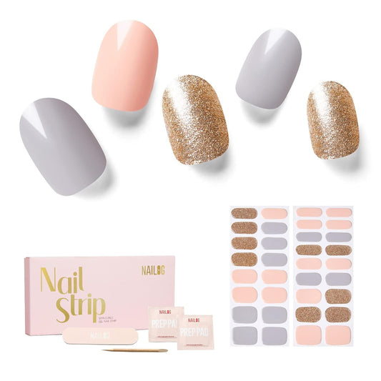 NAILOG Semi Cured Gel Nail Strips 34 pcs, Buy 2 Get 1 UV Lamp, Salon-Quality Gel Nail Stickers