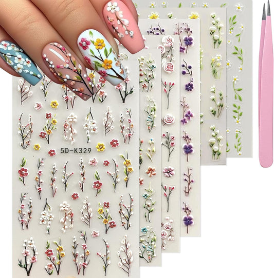 Spring Flower Nail Art Stickers Decals Floral Nail Decals Self Adhesive 5D Embossed for Women Nails