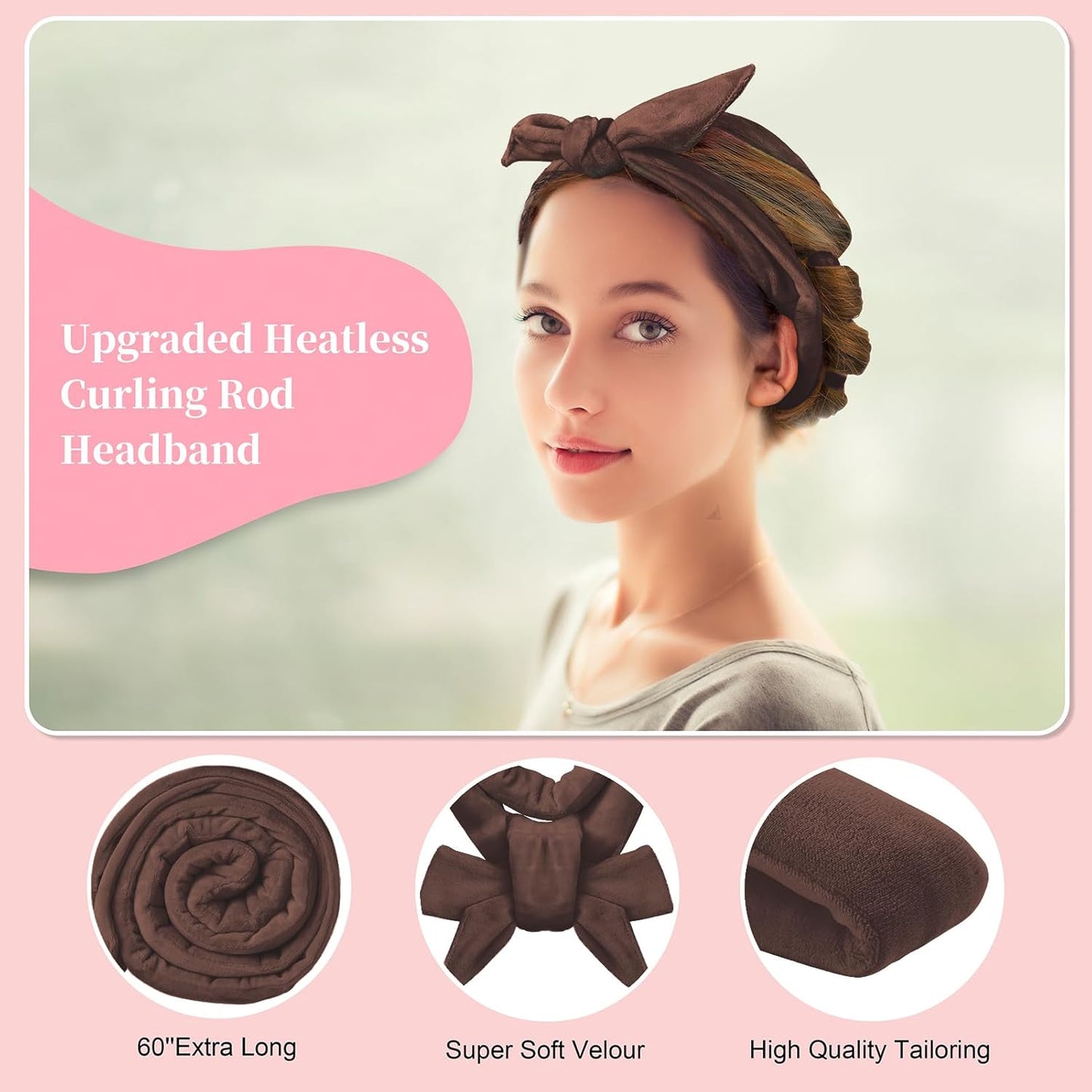 Heatless Curling Rod Headband, Upgraded 60" Extra Long Soft Hair Curlers to Sleep In, No Heat Curls for All Hair Types, Hair Wrap Curls Styling Kit for Girls (Brown, 1 Count)
