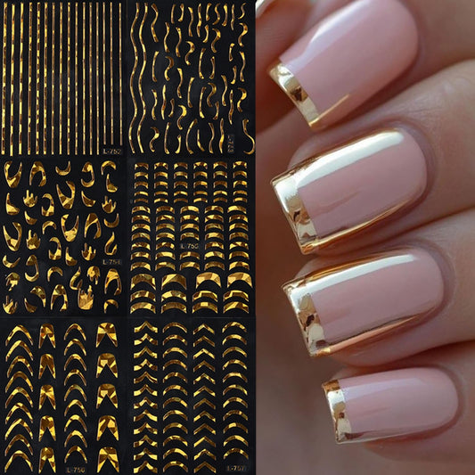 6 Sheets Gold Nail Art Stickers Decals Wavy Stripe Nails Stickers French Tip Nails Decal