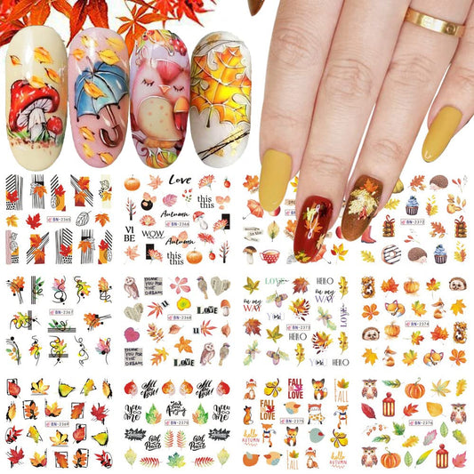 Maple Leaf Nail Art Stickers Fall Nails Water Transfer Slider Foils Autumn Nail Decorations, Harvest Pumpkin Pinecone Maple Leaves Pattern Acrylic Nail Sticker for Thanksgiving Nail Art Supplies 12Pcs