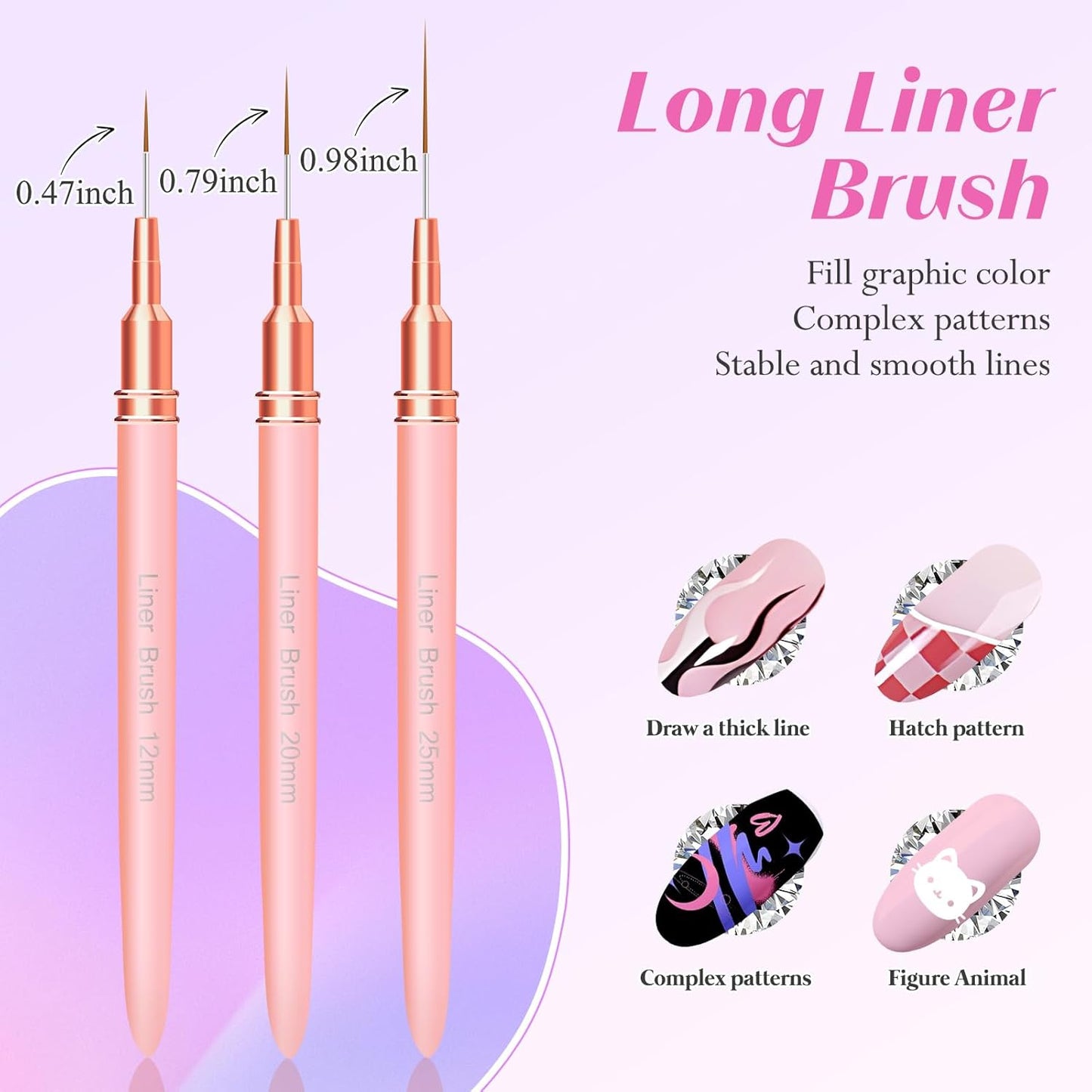 Liner Brush for Nails, 5Pcs Thin Nail Art Brushes Professional Nail Detail Brush for Gel Polish Sizes 4/8/12/20/25mm (Pink)