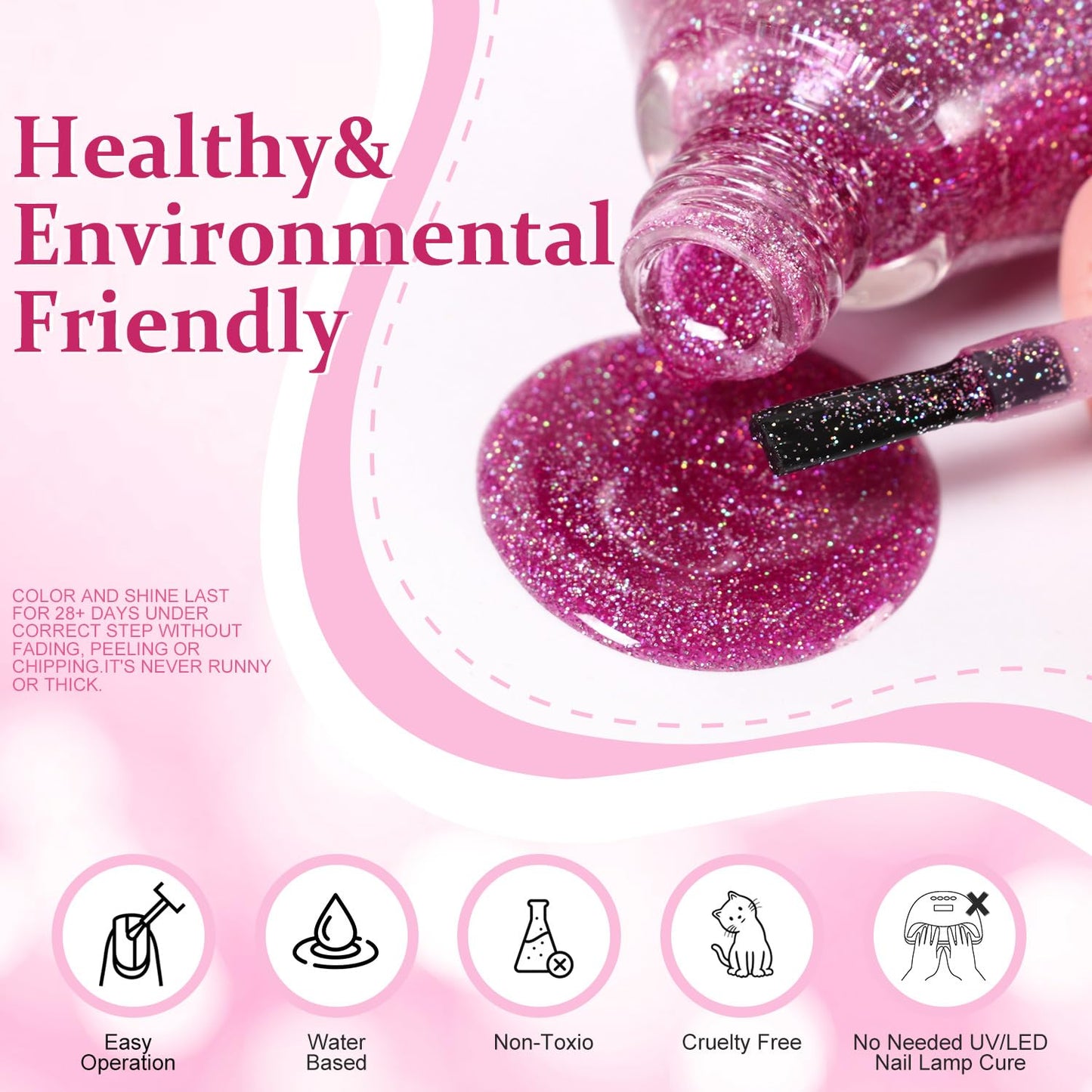 Major Dijit Quick Dry Nail Polish 12ml/0.41fl oz Glitter VioletRed Regular Nail Lacquer Fast Drying & Long Lasting Nail Polish Nail Art Effect for Nail Salon