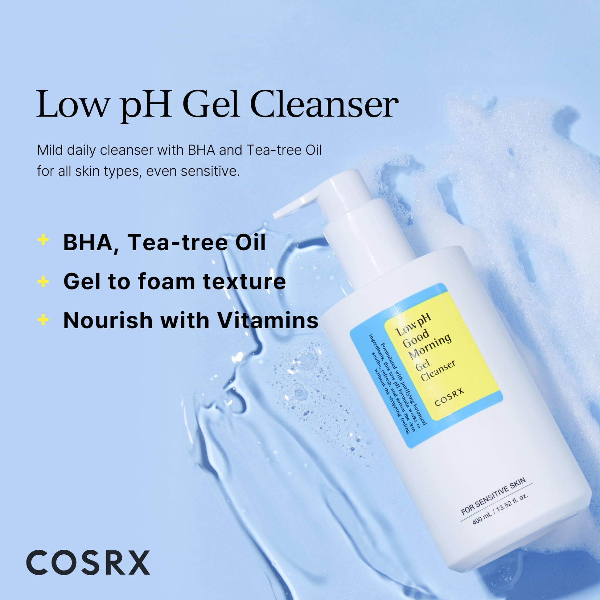 COSRX Low pH Good Morning Gel Cleanser, BHA Face & Body Wash, 13.52 fl oz