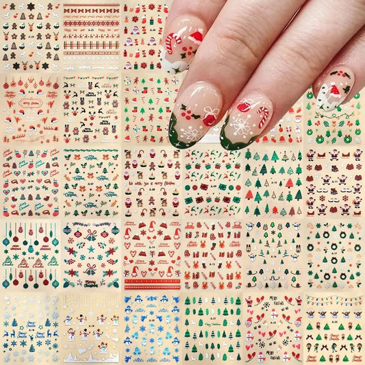 30 Sheets Christmas Nail Art Stickers 3D Self- Adhesive Snowflake Nail Charms Decals White Red