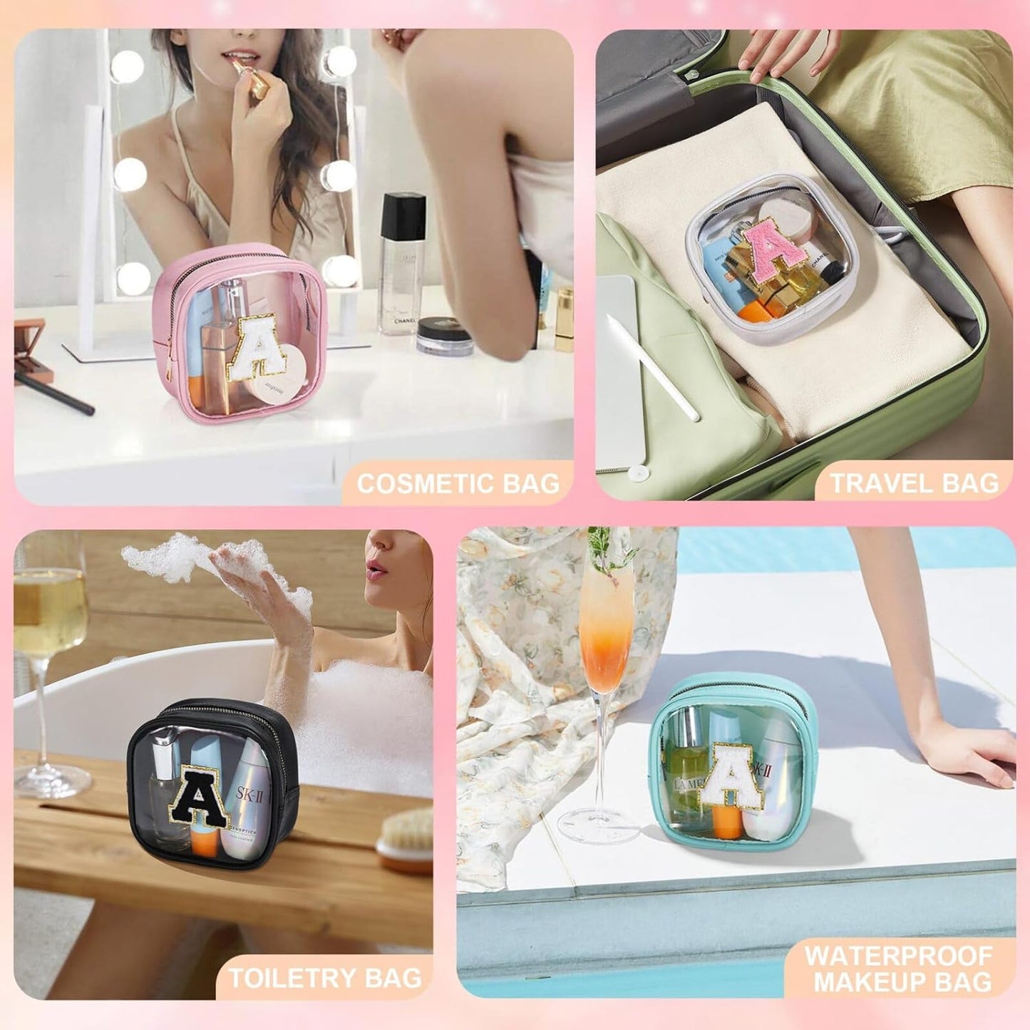 YOOLIFE Initial Makeup Bag Travel Toiletry Bag, Clear Makeup Bag Car Accessories For Women Clear Makeup Bags With Zipper Girlfriend Teacher 13 Year Old Girl Gifts Daughter Girl Gifts Mini Black I