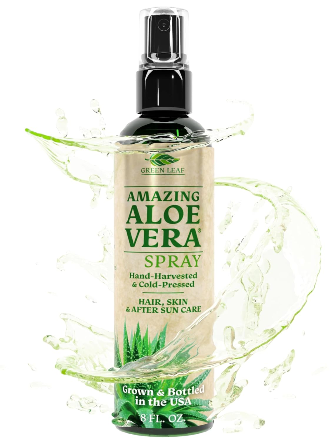Green Leaf Naturals Aloe Vera Spray | 99% Cold-Pressed Aloe Vera Juice with Vitamin C, E & A | Hair, Skin, Facial Moisturizer, Sunburn Relief & After Sun Lotion 8oz