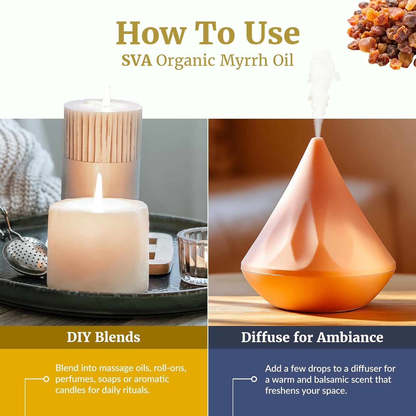 SVA Myrrh Essential Oil Organic – 1/3 Fl Oz – 100% Natural Organic Myrrh Oil - for Diffuser, Hair Care, Face, Skin Care, Aromatherapy, Scalp and Body Massage, Soap and Candle Making