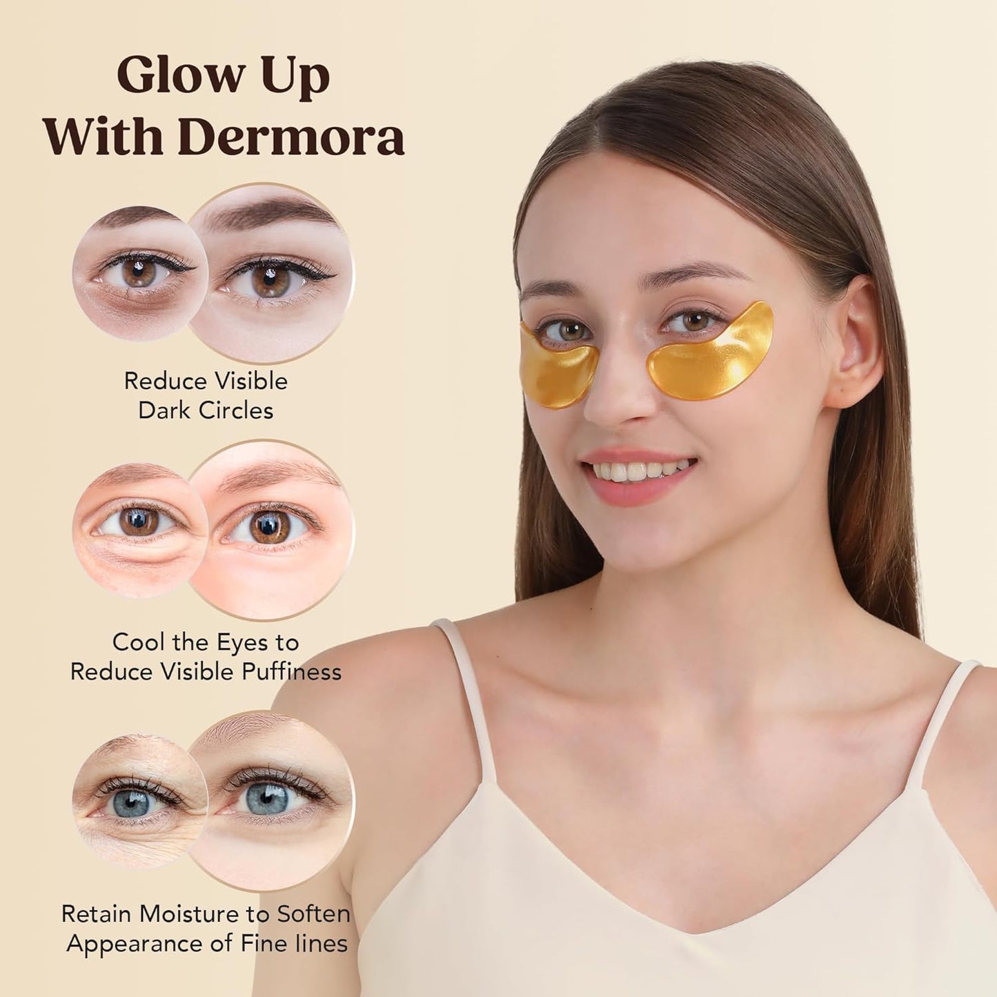 DERMORA Golden Glow Under Eye Patches | Rejuvenating Treatment | Dark Circles, Puffy Eyes, Refreshing, Revitalizing, Travel, Wrinkles |15 Pairs Eye Gels