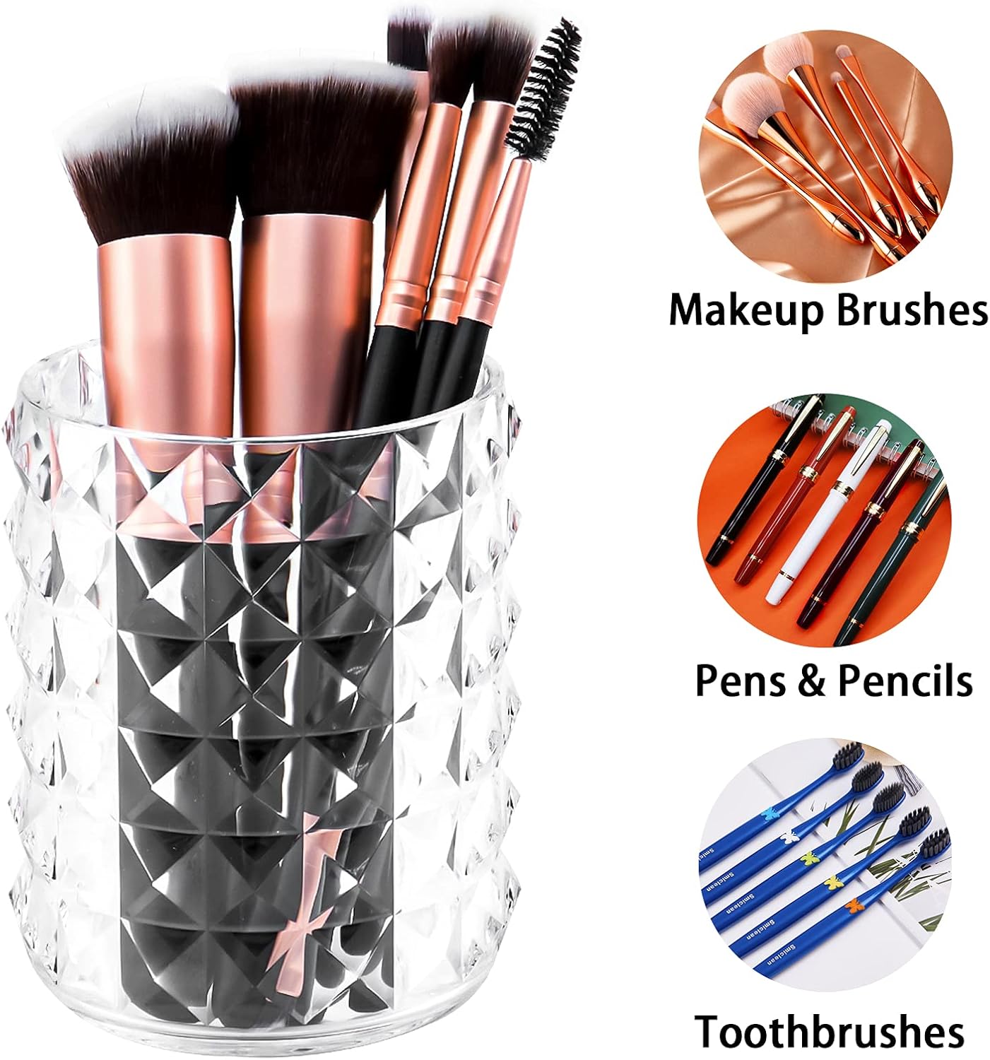 Acrylic Makeup Brush Holder Organizer, Clear Pencil Pen Holder, Crystal Cosmetics Brushes Cup Storage Solution, Round