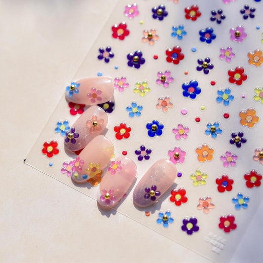 5D Embossed Flower Nail Stickers Colorful Nail Art Stickers Small Gold Ball Nail Decals Self