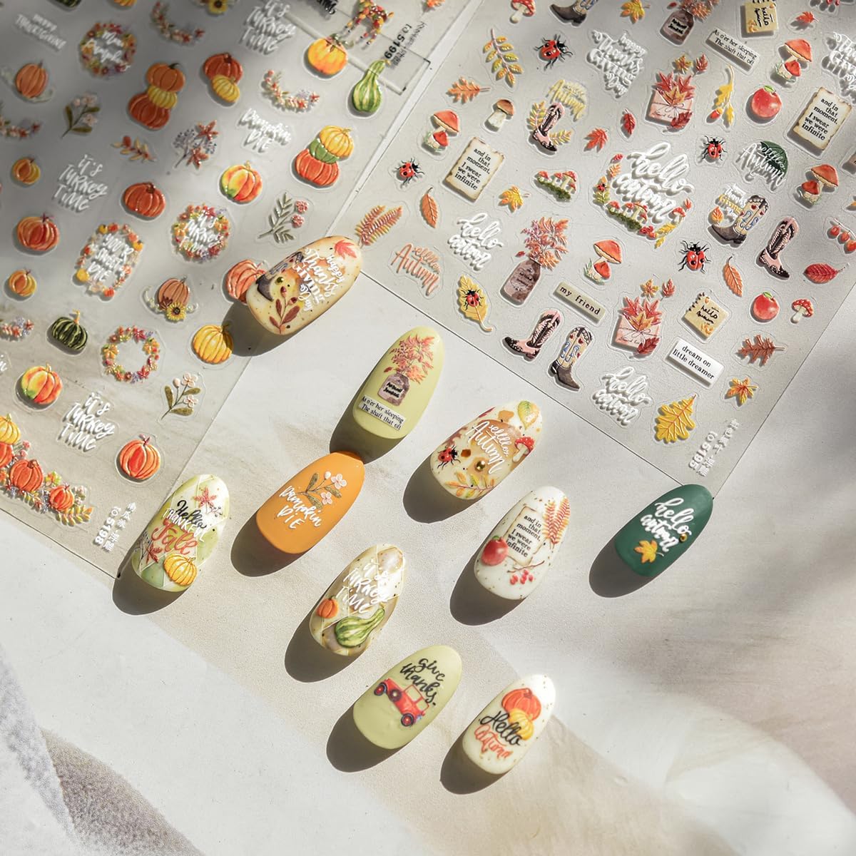Pumpkin Nail Stickers for Art Fall Nails Stickers 5D Embossed Self-Adhesive Thanksgiving Day Autumn Maple Leaf Flower Wreath Nails Decals Holiday Maple Leaves Manicure Decoration for Salon Nail 1Sheet