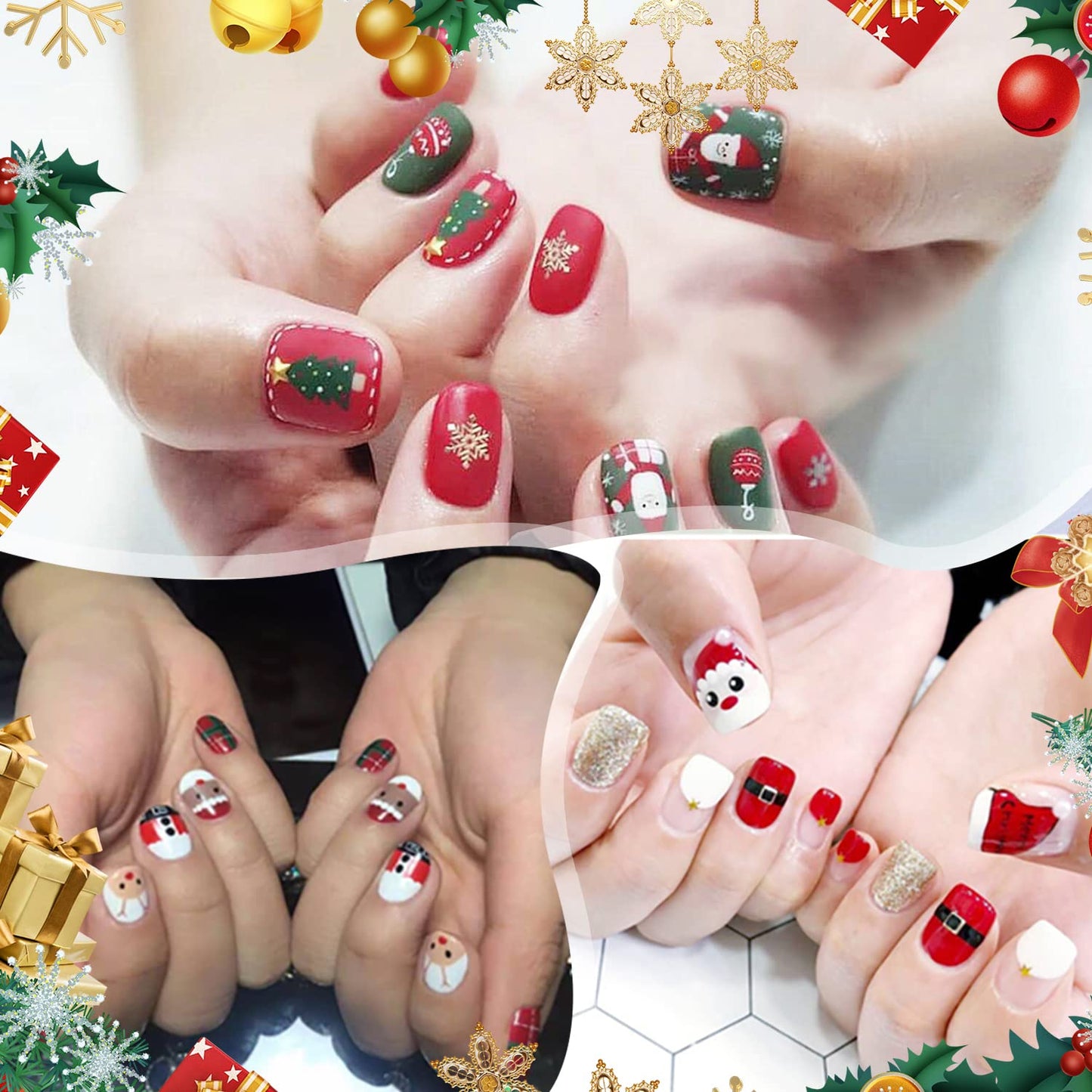 WOKOTO 20pcs Christmas Nail Polish Stickers - Full Nail Wraps, Holiday Nail Art Strips with 280 Tips - Christmas Tree, Socks, Elk, Snow Designs Stickers for Women Girls Nails Gel Strips Wraps