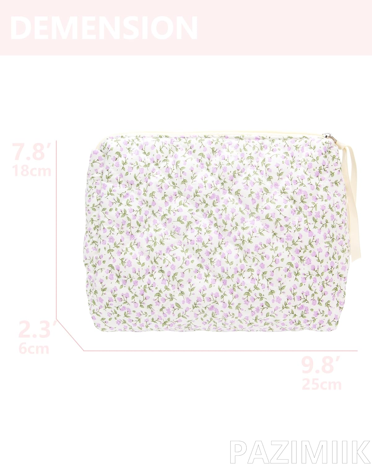 PAZIMIIK Quilted Makeup Bag Large Travel Zipper Soft Cosmetic Pouch for Women Girls Make Up,Floral Purple