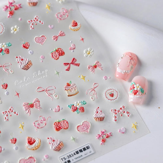 5D Embossed Pink Nail Stickers for Nail Art Cake Strawberry Bow Nail Art Stickers Nail Decals Self