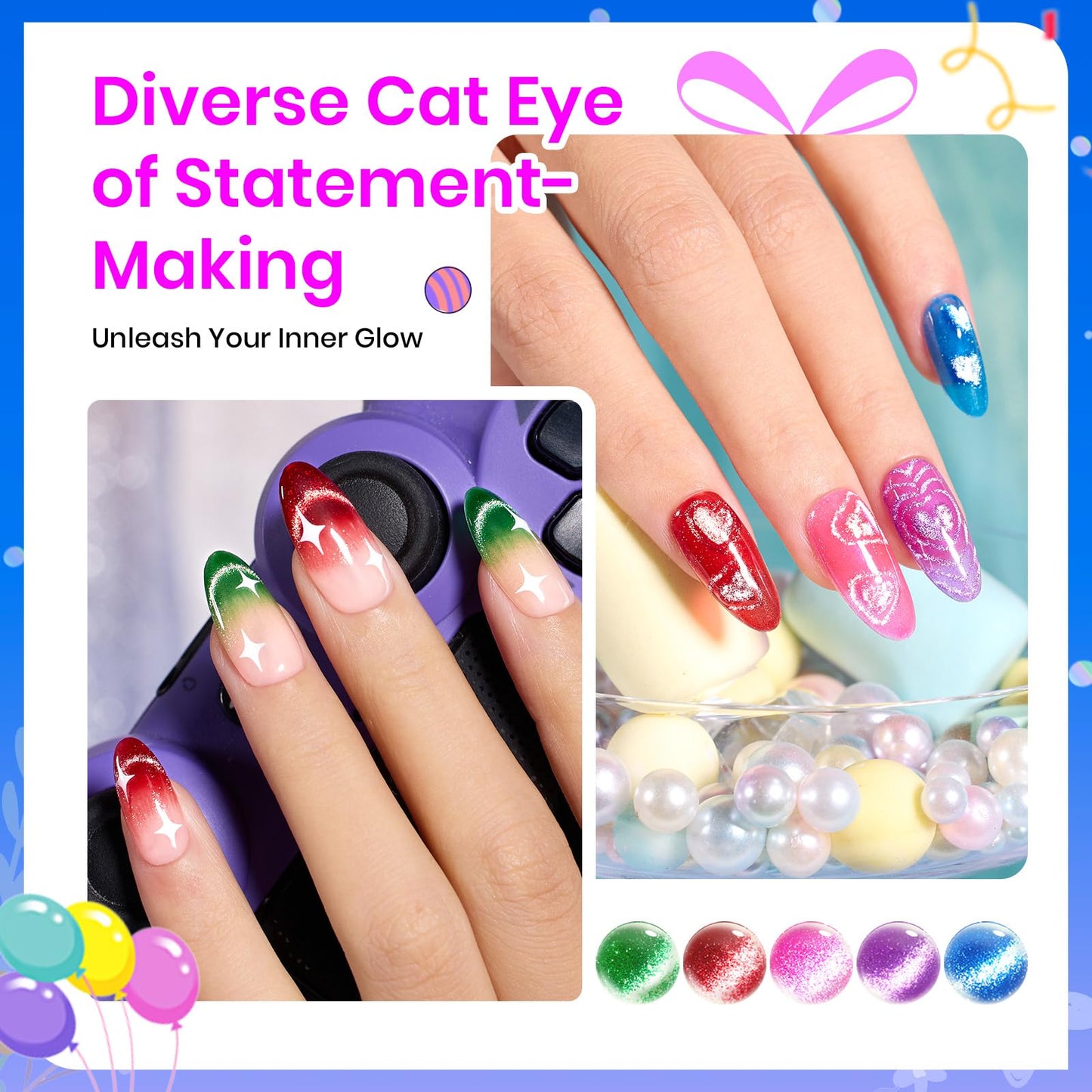 Beetles Cat Eye Gel Nail Polish Set, 6 Colors Cat Eye Glitter Gel Polish