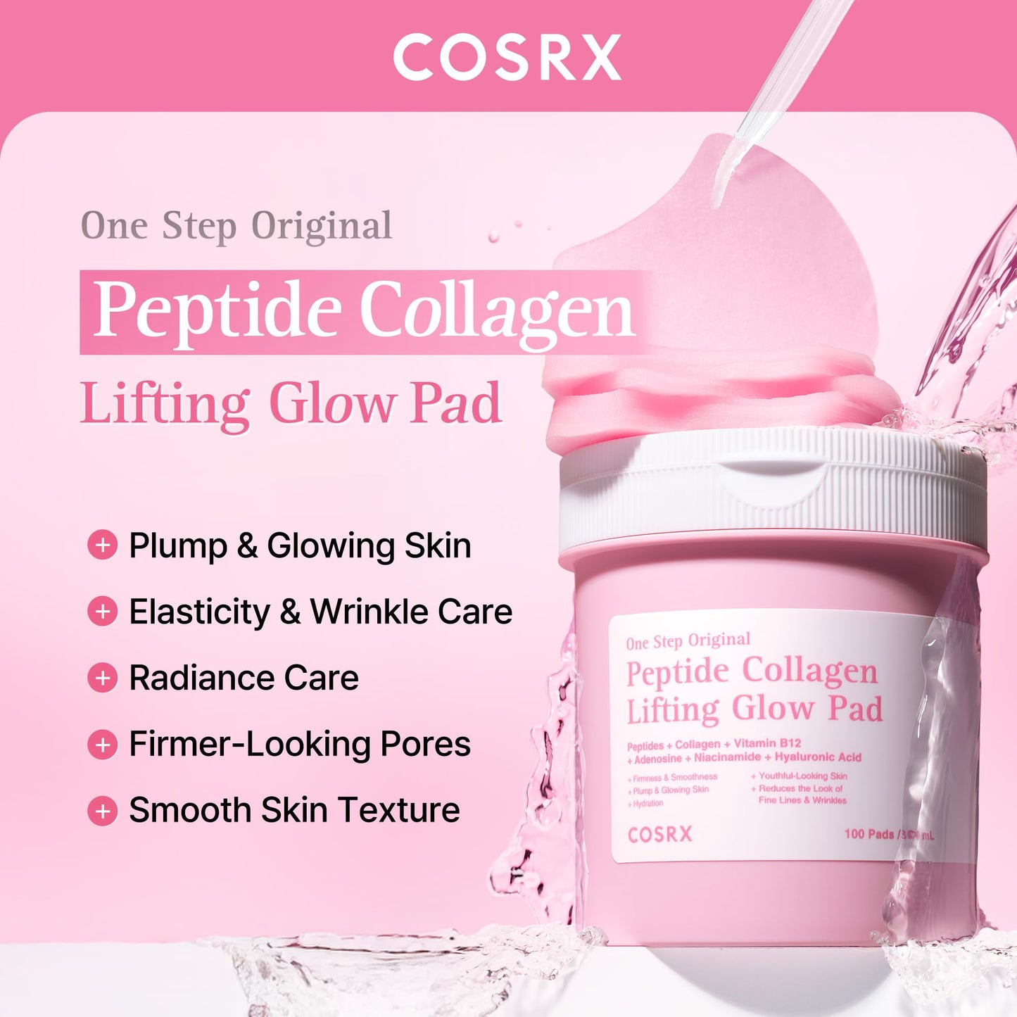 COSRX OneStep Peptide Collagen Toner Pads, Lifting & Glow Care (100 Pads)
