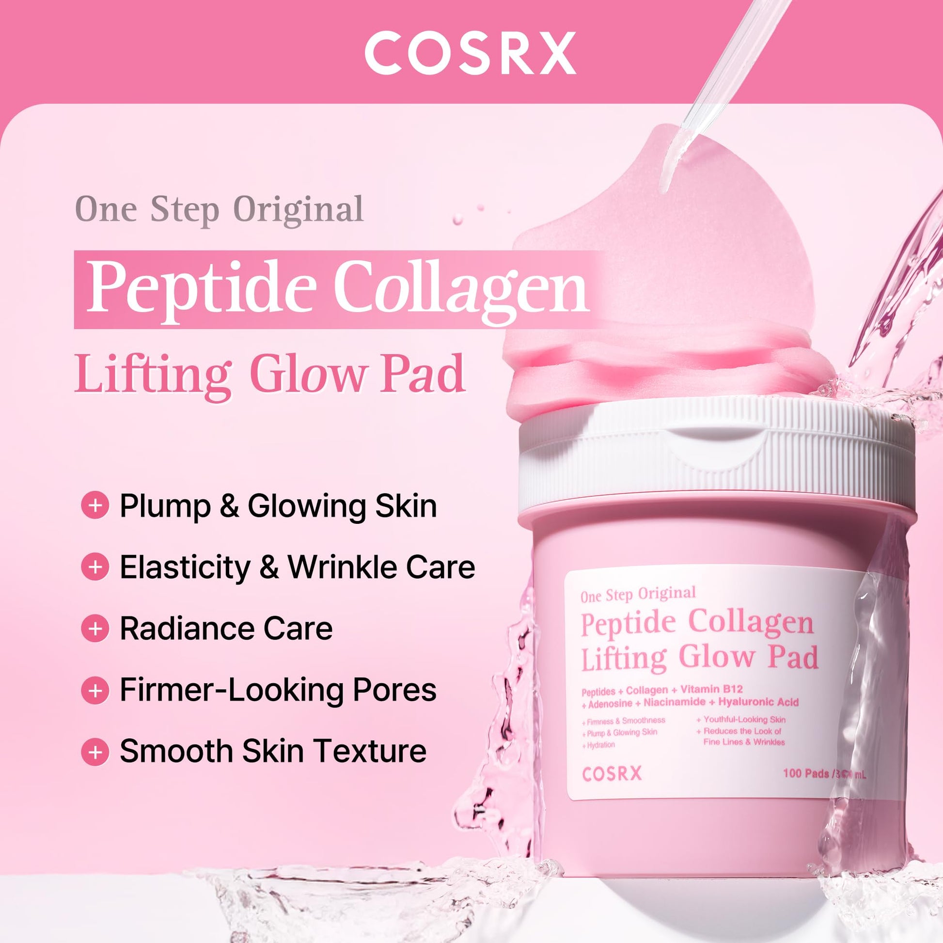 COSRX OneStep Peptide Collagen Toner Pads, Lifting & Glow Care (100 Pads)