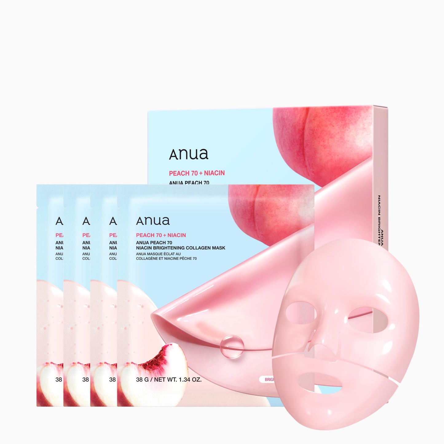 ANUA Peach 70 Niacin Brightening Collagen Mask, 1.34 fl.oz/4ea