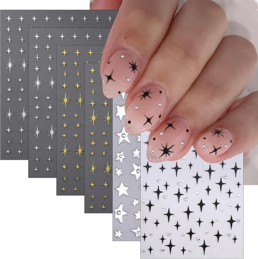 6 Sheets Star Nail Stickers with Rhinestones White Five-Pointed Star Gold Silver Black Starburst