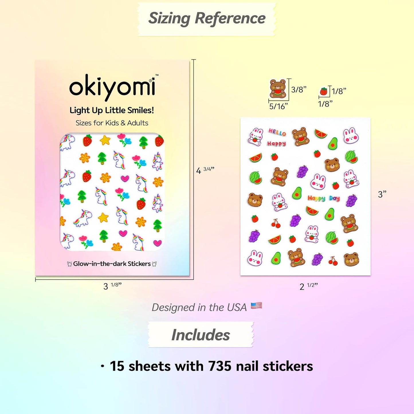 15 Sheets of Nail Stickers for Kids - 735 Cute Nail Stickers - Nail Decals for Girls - Flower, Bunny, Unicorn, Bear, Fruits | Glow in The Dark