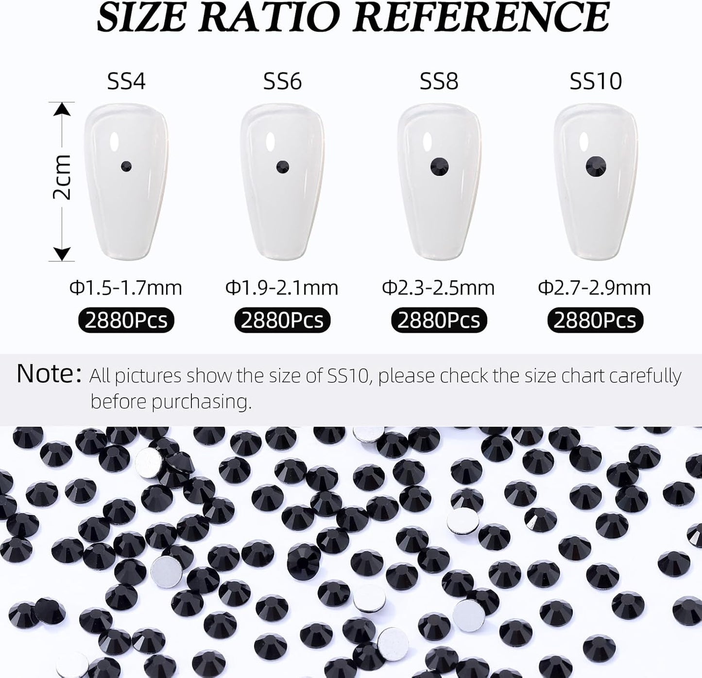Black Flatback Rhinestones, Glass Rhinestones for Nail Art and Craft, Glue Fix, Loose Crystal Gemstones(Black, SS4, 2880pcs, 1.5-1.7mm)