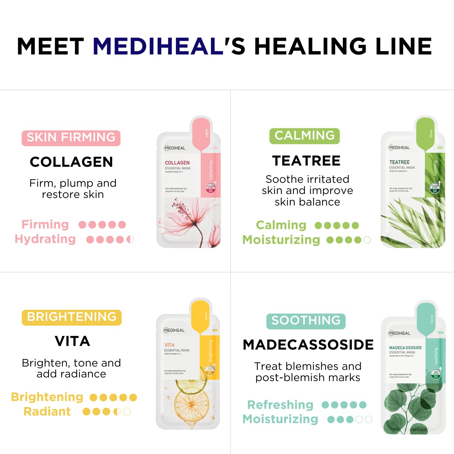 Mediheal Sheet Mask New Essential HERO 16 pack (Collagen, Tea Tree, Madecassoside, Vita) | Korean