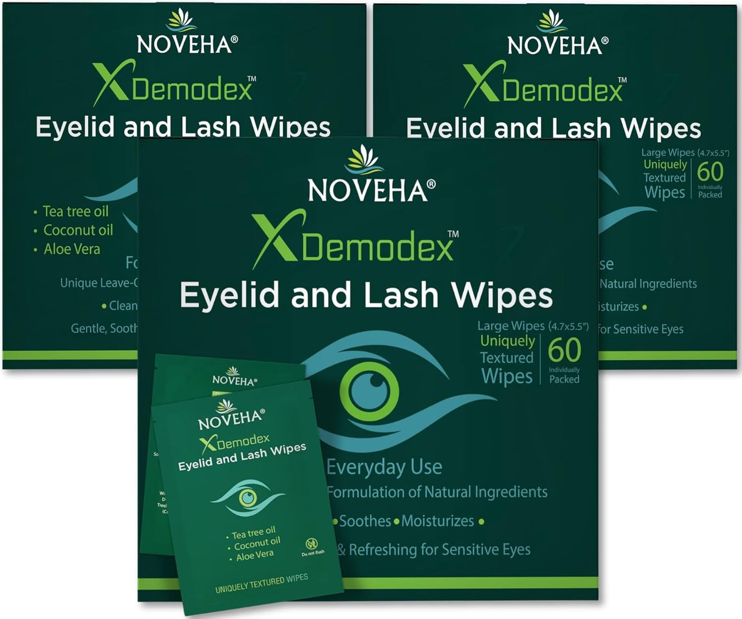 NOVEHA Demodex Eyelid & Lash Wipes | Box of 60 Individually Wrapped Extra Strength Cleansing Eyelash Wipes - Battles Irritated Eyes - Naturally Remove Debris (Pack of 3)