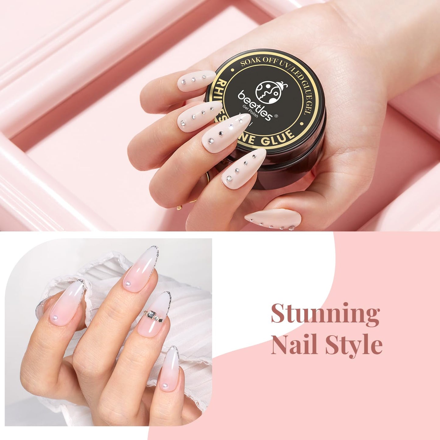 Beetles Rhinestone Glue for Nails with 2 Dual Purpose Brush Pen, 1Pcs 15ml Nail Glue for Nail Art Adhesive Resin Gems Diamonds Jewelry Decoration Soak Off Led Lamp Fall Nails Gifts for Women