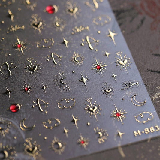5D Embossed Gold Star Nail Stickers Moon Star Nail Art Stickers 3D Self-Adhesive Nail Decals Love