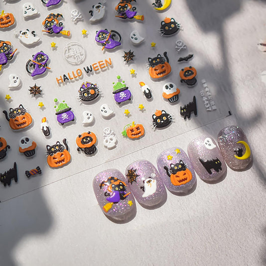 5D Embossed Halloween Nail Stickers Ghost Nail Decals for Acrylic Nails Designs Cute Bat Cat