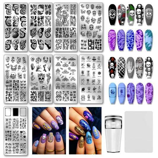 PH PandaHall 9pcs Gothic Skull Nail Stamping Plates Butterfly Nail Art Stencil Star Moon Leaf