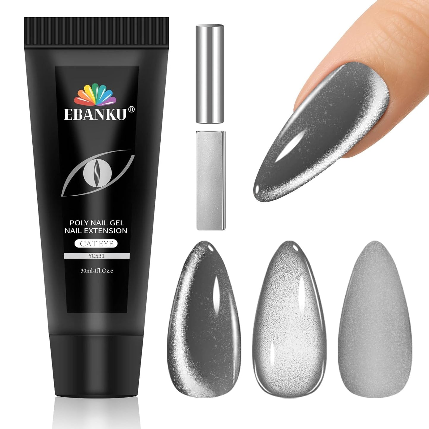 EBANKU Poly Gel 60g, Silver Cat Eye Builder Nail Extension Enhancement Gel for Beginner & Professional Nail Art Salon DIY at Home