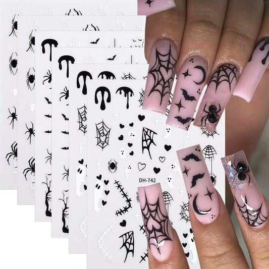 6 Sheets Halloween Nail Art Stickers Nail Decals 3D Self-Adhesive Spider Web Spider Cute Ghost Bat