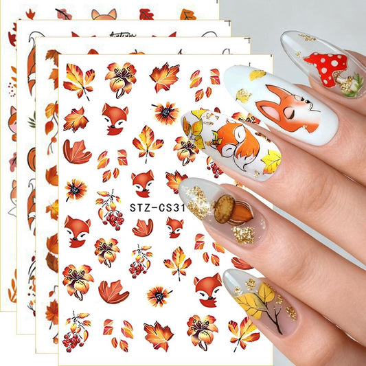 Fall Nail Art Stickers, Cute Fox Nail Art Decals 3D Self-Adhesive Maple Leaves Pumpkin Bow Nails