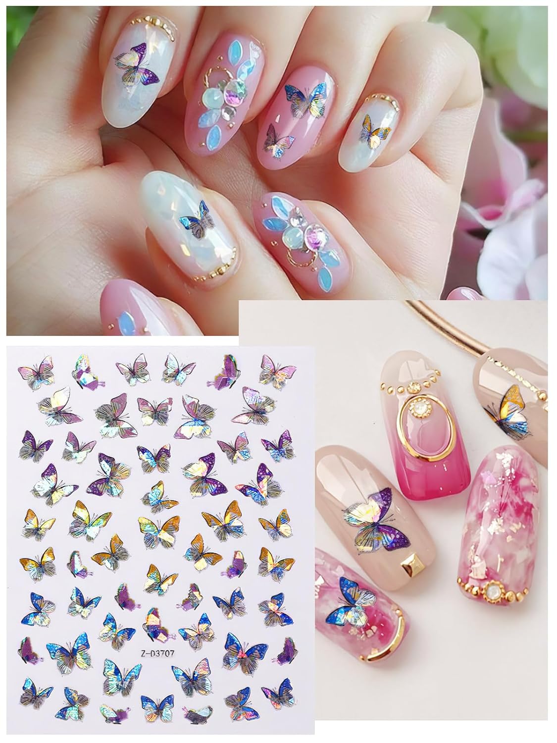 TOROKOM 12 Sheets Butterfly Nail Art Stickers, 3D Self-Adhesive Nail Decals with Colorful Laser Butterflies Designs for DIY Manicure Decor