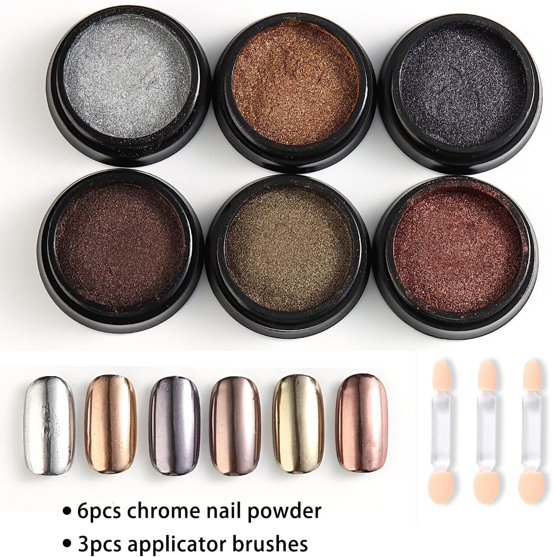 Chrome Nail Powder Set - 6 Colors Rose Gold Bronze Black Chrome Nail Powder, Mirror Effect for Nails, Metallic Rubbing Dust Chameleon Glitter Pigment Flakes, Manicure Salon Supplies