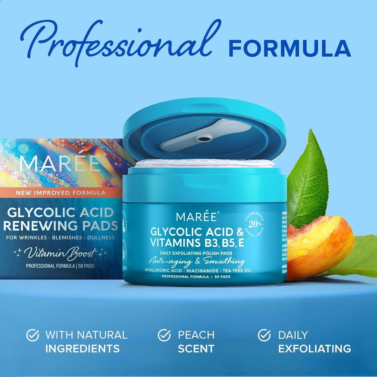 MAREE Glycolic Acid Pads - Toner Pads for Face Cleansing - Exfoliating Pad with Tea Tree Oil, Salicylic Acid & Vitamins E, B3, B5 - Acne Clearing, Skin Pore Resurfacing & Radiance Device - 50 Count