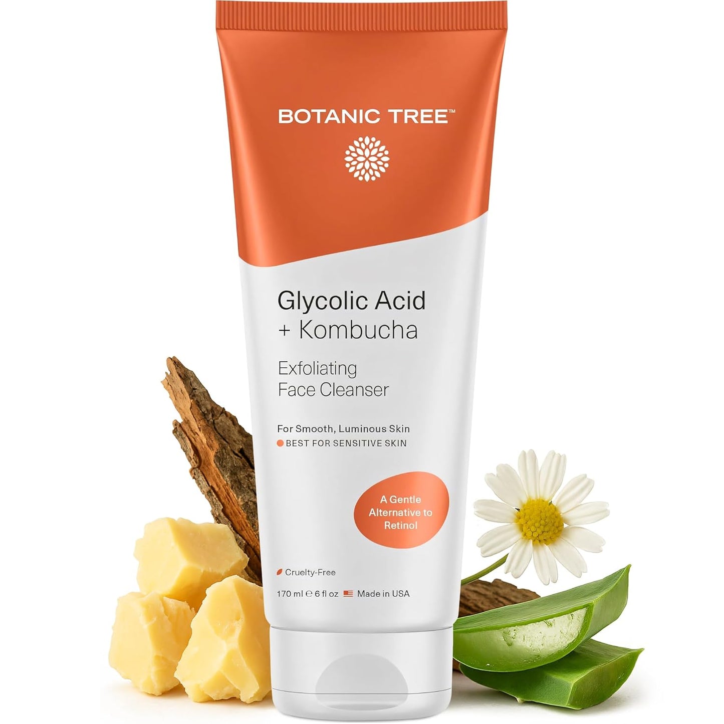 Botanic Tree Kombucha & Glycolic Acid Exfoliating Face Wash for Aging Skin - Face Cleanser for Women - Kombucha Lipofilling Effects and Skin Healthy Probiotics and Antioxidants