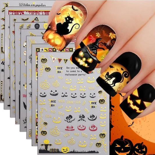 8Pcs Halloween Nail Stickers Spider Web Nail Decals Gold DIY Self Adhesive Ghost Cobweb Nail Design