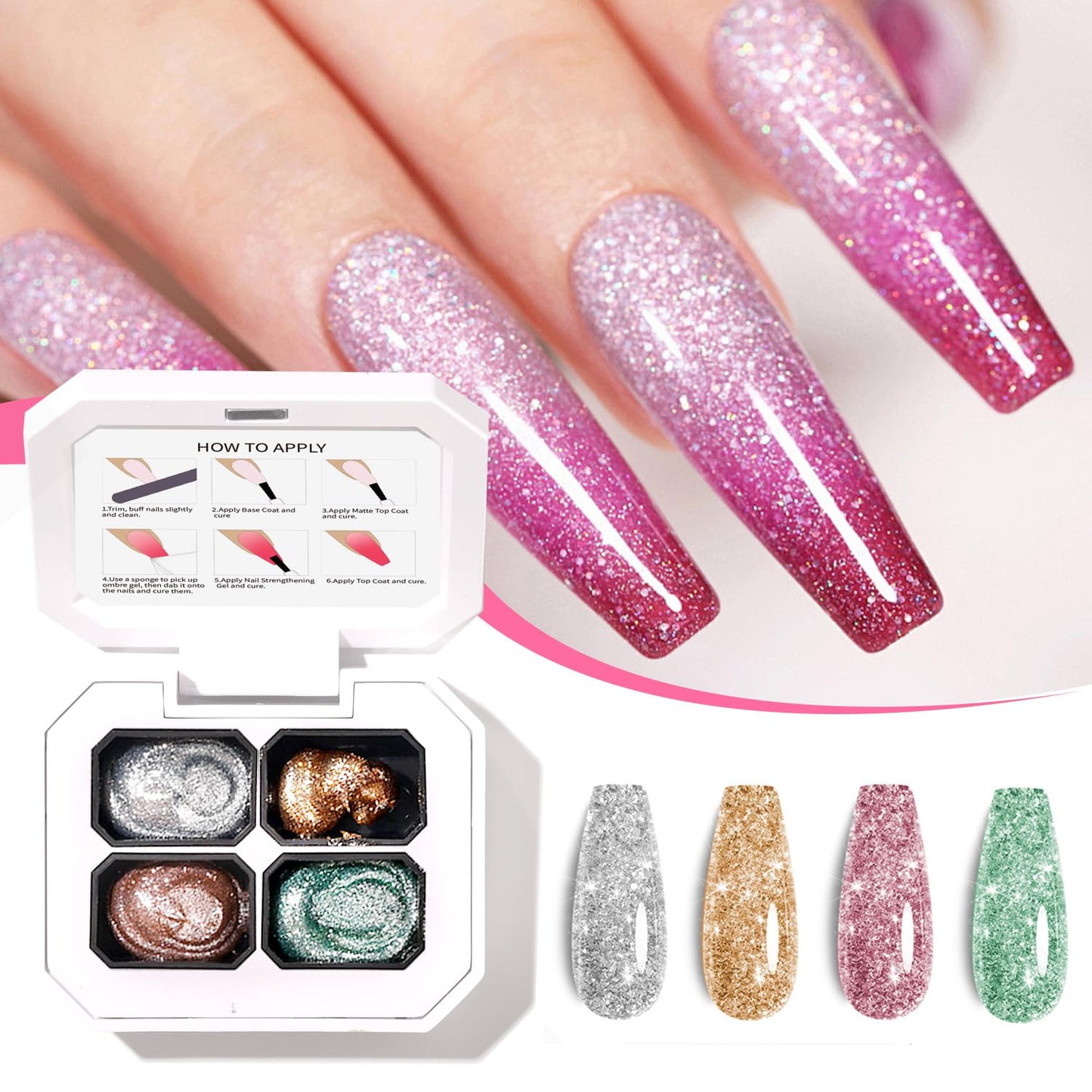 Finger Secret 4 Colors Ombre Gel Nail Polish,Glitter Ombre Pigment Palette Pat Patting Gel with 20Pcs Nail Sponges for Nail Painting Gel Nail Art in Salon or Home Use (k5)