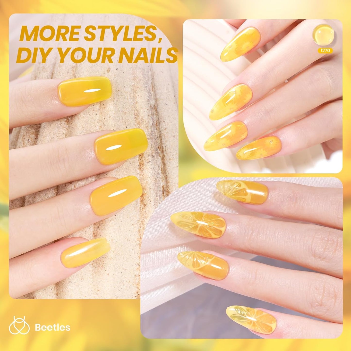 Beetles Yellow Gel Nail Polish, 15ML Clear Yellow Jelly Gel Polish Sheer Translucent Effect Neutral Nail Polish Soak Off UV Golden Sunshine Series French Nail Art Manicure Salon Gift for Women