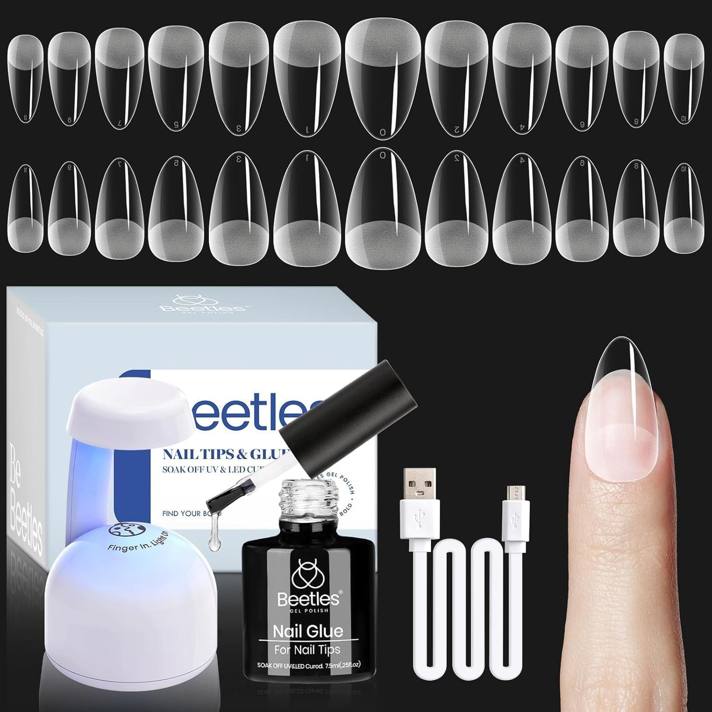 Beetles Gel Nail Extension Kit Almond Shape, Easy 9 in 1 Glue Uv Led Set Etch X Nail Tips Short Almond Half Matte Tips, Gift for Women & Girls, 504 pcs