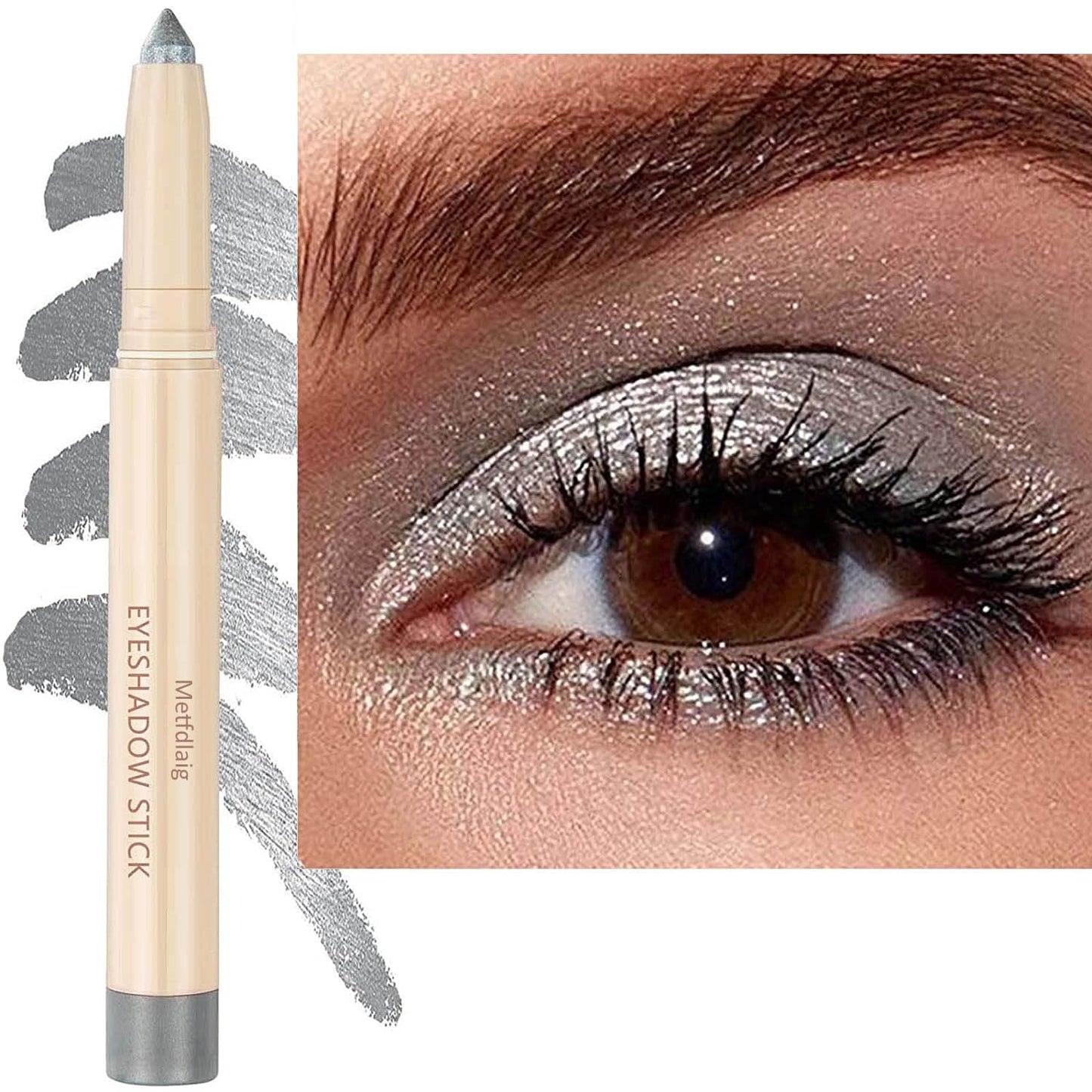 Silver Grey Cream Glitter Shimmer Eyeshadow Pencil, Waterproof Long Lasting Eye Shadow Stick High Pigment Hypoallergenic Highlighter Stick Create Multi-Dimensional Eyes Look 11#