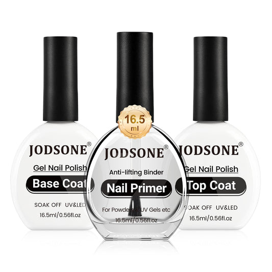 JODSONE 3Pcs 16.5ml Top Coat and Base Coat Set with Nail Primer No Wipe Top Coat Base Need U V Lamp Cured Nail Primer for Helping Nail Polish Adhere Better to Natural Nail
