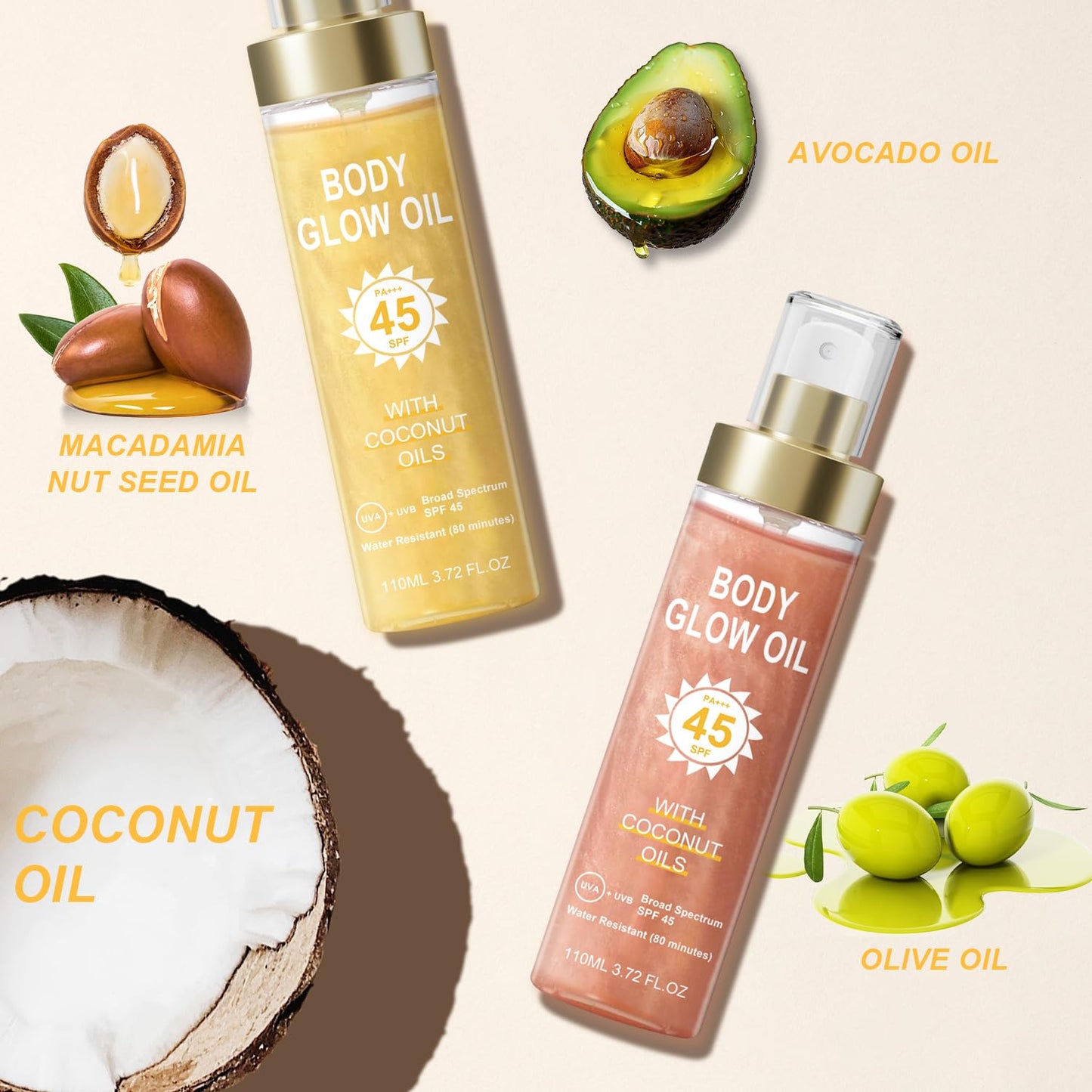 Body Glow Oil, Sunscreen Shimmer Oil, SPF 45 Broad Spectrum, Body Oil with with Coconut Oils, Moisturizing Glow for Face & Body, Liquid Illuminator Highlighter, Water Resistant, 3.72 fl oz (#1 GOLD)