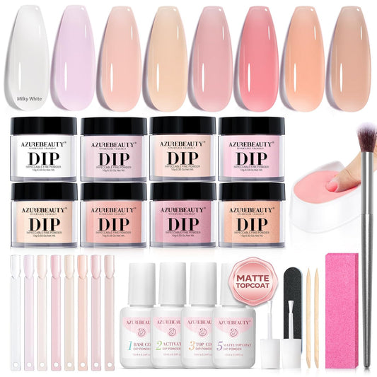AZUREBEAUTY Dip Powder Nail Kit, Jelly Translucent Milky White Sheer Pink Nude Neutral Clear 8 Colors, Dipping Powder Liquid Set Added Matte Top Coat with Nail Sticks French Nail Art Manicure Salon