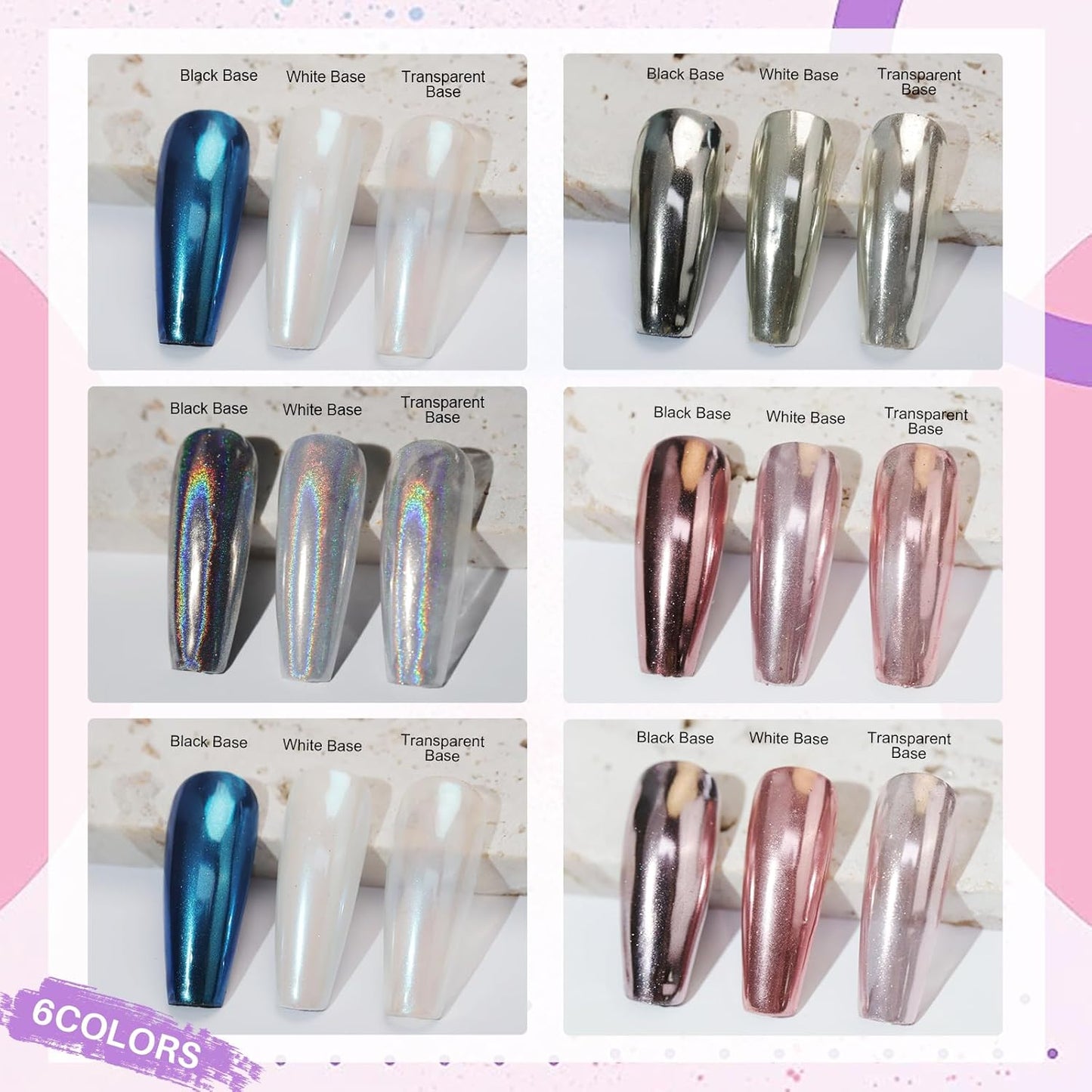 6 Pcs White Chrome Powder, Pearl Effect Nail Powder Shell Nail Glitter Dust Nail Powder with Magic Mirror Effect for Nail Art Design Decoration