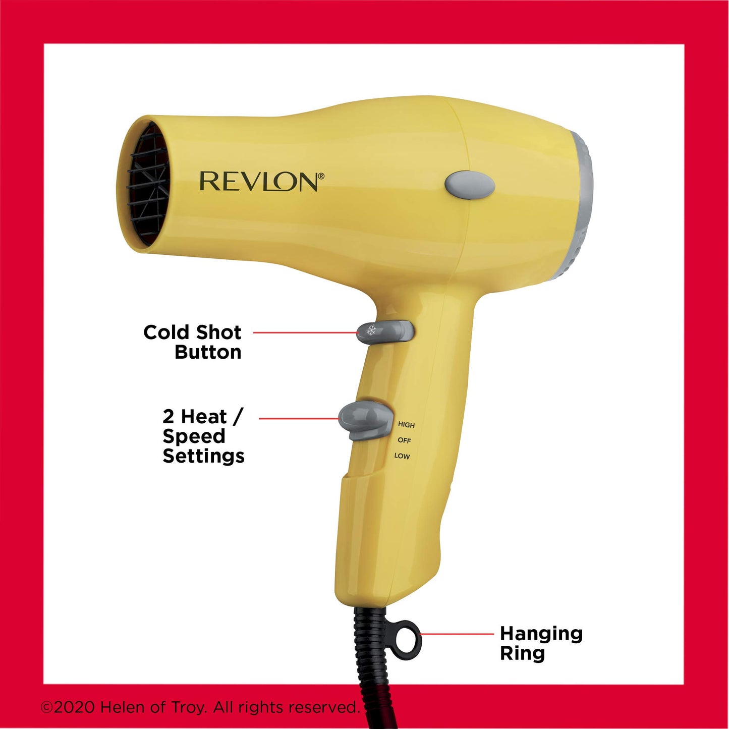 REVLON Compact Hair Dryer | 1875W Lightweight Design, Perfect for Travel, (Yellow), Plastic
